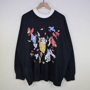 Vintage 90s Cat Bird Basic Editions Plus Graphic Sweatshirt 2X Cottagecore Black